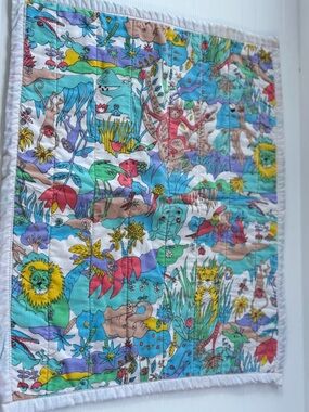 Vintage Baby Quilt Jungle Animals Nursery Blanket Lion Elephant Kids